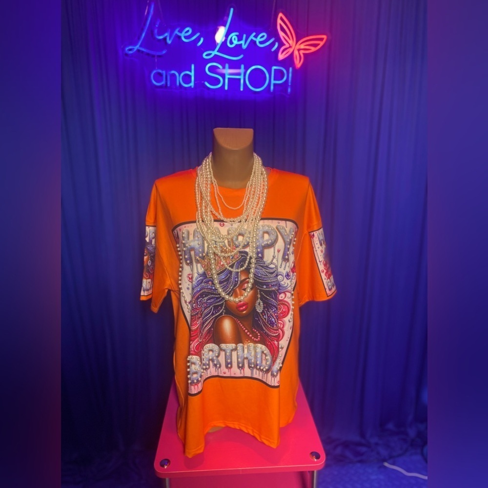SHIRT: Orange Diva "Happy Birthday" Tee w/Vibrant Pearls & Rhinestones, NWT - Picture 6 of 17